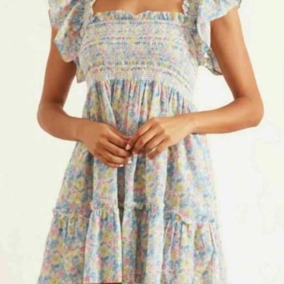 LoveShackFancy Nadja Smocked Mini Dress Ruffle Babydoll Rainbow floral sz medium - Picture 11 of 11